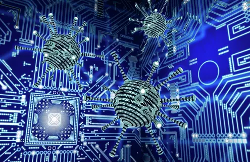 Illustration of black and white computer virus spheres with probes and a blue circuit board background.