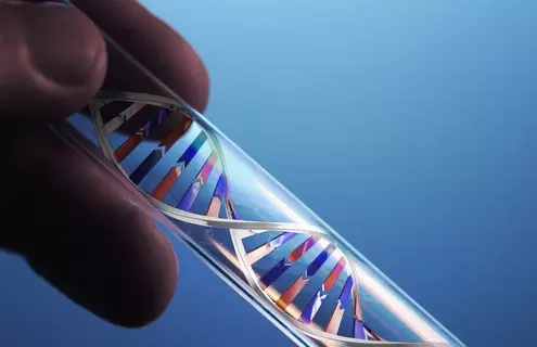 Fingers holding a test tube containing a silver, red, and blue DNA double helix.