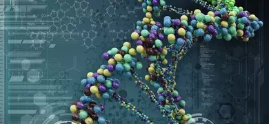 3D illustration of a DNA helix comprised of multiple different colored balls