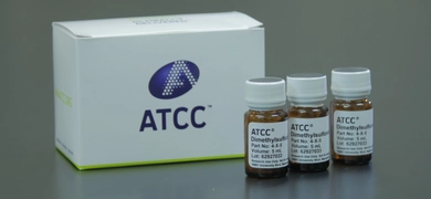 Three ATCC-labeled Dimethyl Sulfoxide (DMSO) vials beside a branded white box on a lab table.