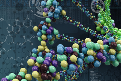 DNA strand made of blue, green, yellow balls.