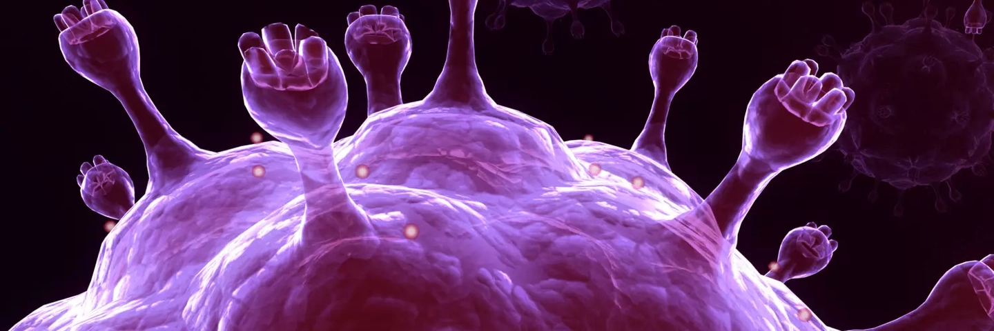 Iridescent purple sphere of the influenza virus with protruding knobby spikes