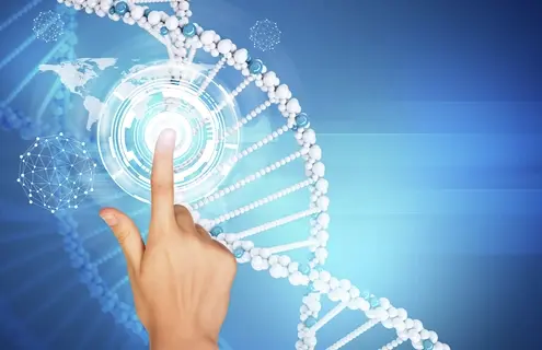 Digital collage of A finger pointing to a blue and white DNA double helix.