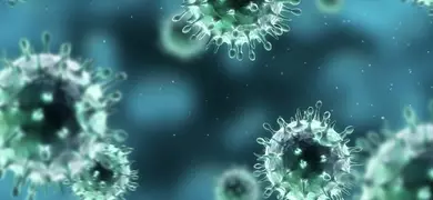 Round, iridescent, green-blue H1N1 (swine flu) virus with protrusions.