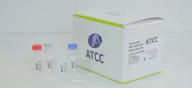 Small, capped, labeled vials next to white box with ATCC printed on the side and labeled "Universal Mycoplasma Detection Kit, 30-1012K."