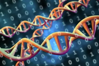 3D rendering of DNA with rows of ones and zeros across the image.