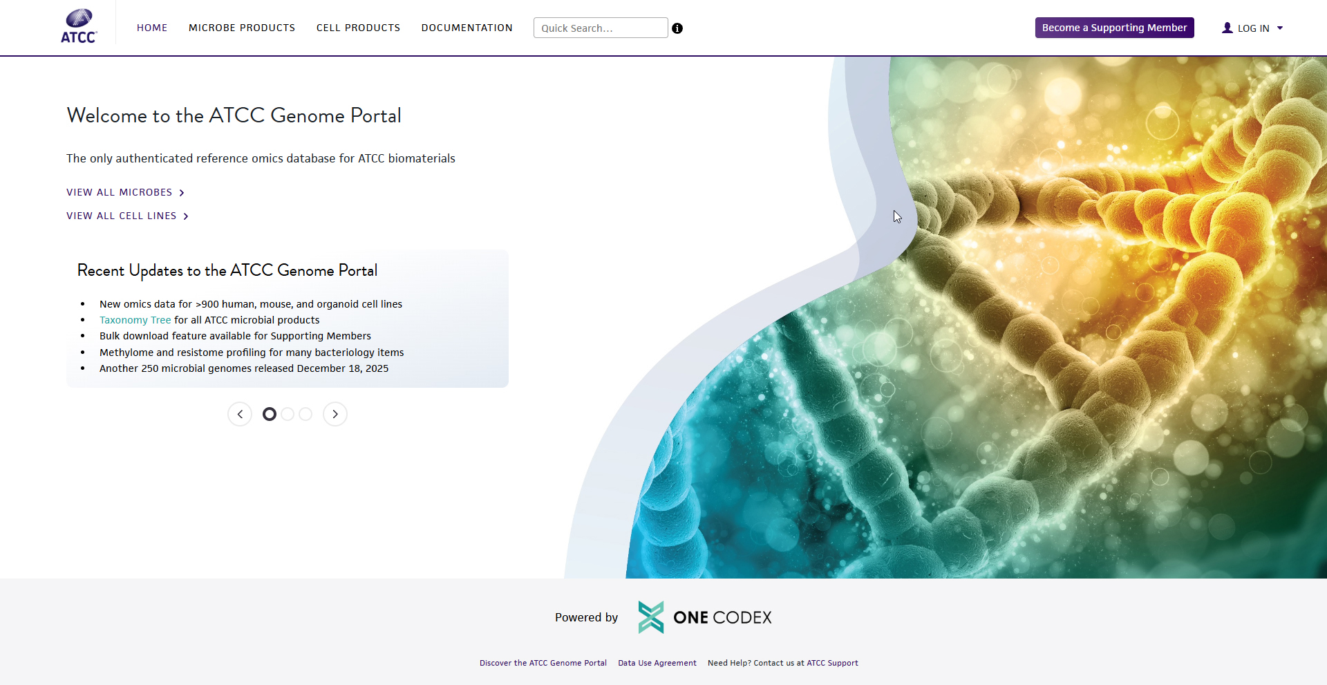 ATCC Genome Portal homepage featuring navigation menus, recent updates, and large background imagery of stylized DNA strands. The page highlights access to authenticated reference omics data for ATCC biomaterials and includes a carousel of update announcements and a footer indicating the platform is powered by One Codex.