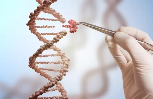 Hand holding pincers replacing part of a DNA molecule on a DNA strand.