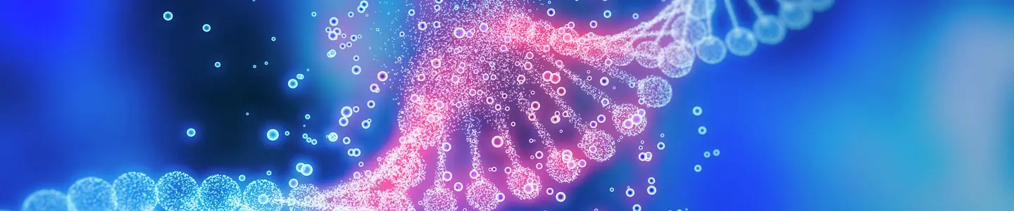 Illustration showing two blue DNA double helices with a glowing red interaction at the center against a blue background.