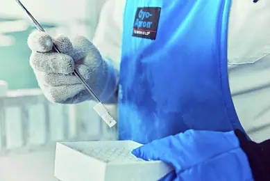 A high-resolution, technical photograph of a laboratory technician’s torso and hands while performing cryogenic sample management. The technician is wearing a protective blue cryogenic apron over a white lab coat and is equipped with thick, white cryogenic gloves. They are holding a stainless steel storage rack that contains several white cryoboxes, with a dense cloud of white liquid nitrogen vapor pouring from the rack and the workstation.