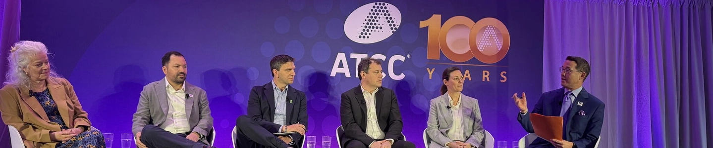 Six panelists seated on stage during ATCC hosted event, "Empowering the Future of Biotechnology Through Trusted Science," part of the NSCEB's “Biotech Across America” roadshow.