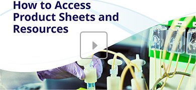 The image features the title "How to Access Product Sheets and Resources" in bold blue text on the left. A play button icon is centered, with laboratory equipment and tubes connected to containers visible on the right.