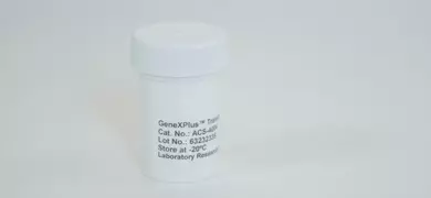 White plastic container with a screw-on lid labeled “GeneXPlus™ Transfection Reagent.” The label includes catalog number ACS-4004, lot number 63232335, and storage instructions to keep at -20°C. Marked for laboratory research use only.
