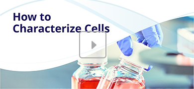 Title screen reading "How to Characterize Cells" with gloved hands handling laboratory bottles containing red liquid. A play button overlay suggests this is a video or presentation.