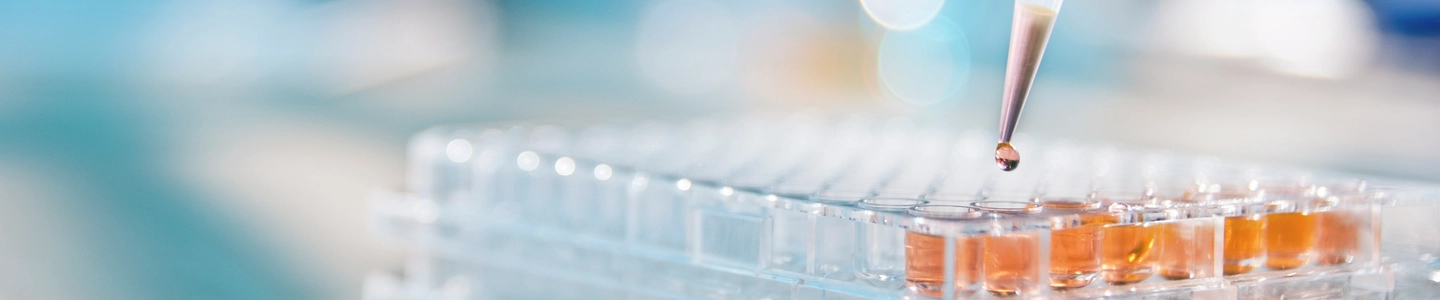 Gloved hand holding pipette filling a well plate with orange liquid.