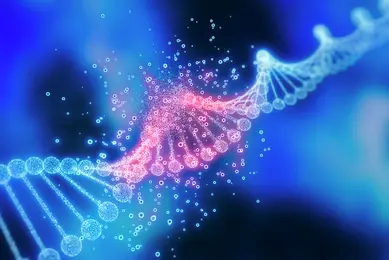 Illustration showing two blue DNA double helices with a glowing red interaction at the center against a blue background.