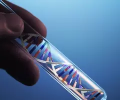 Fingers holding a test tube containing a silver, red, and blue DNA double helix.