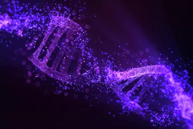 Purple, fragmented DNA double helix strand on a black background.