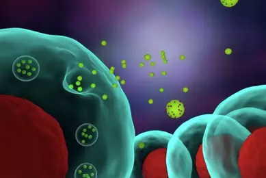 Large green sphere releasing several small green exosome spheres. Illustration.