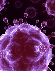Iridescent purple sphere of the influenza virus with protruding knobby spikes