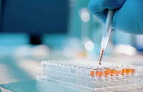 Gloved hand holding pipette filling a well plate with orange liquid.