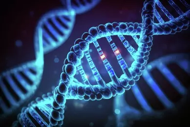 Blue DNA double helix strand in 3D illustration