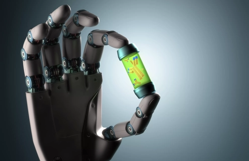 Robot hand holding clear tube that contains DNA strand in neon green substance.