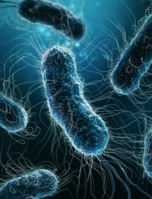 Colony of bacteria close-up 3D rendering illustration on blue background