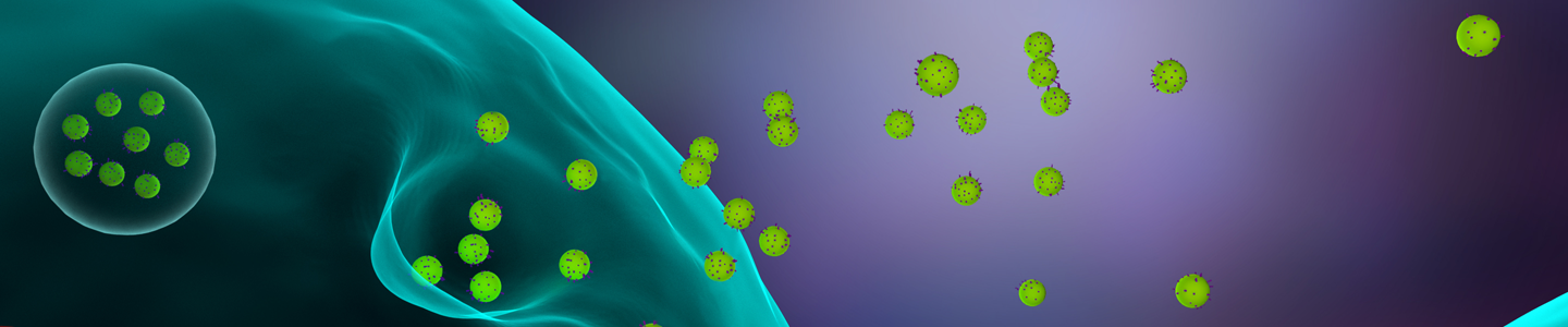 Large green sphere releasing several small green exosome spheres. Illustration.