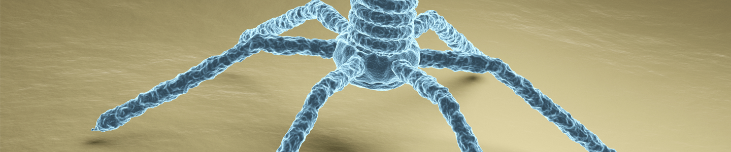 Six luminescent blue spider-like legs of a bacteriophage on a beige surface.