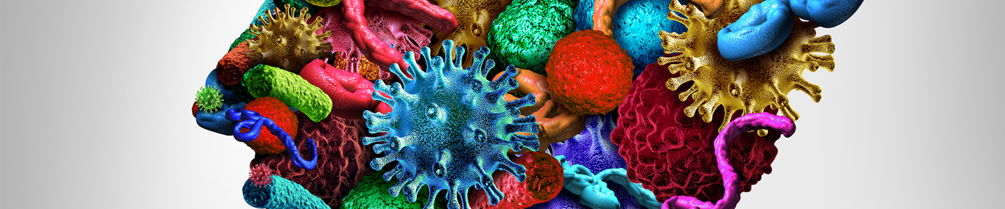 Microbes and bacteria in bright colors combined to form the shape of a human head. Illustration.