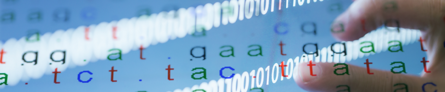 Color-coded letters, DNA binary data sequences with a hand touching the letters.