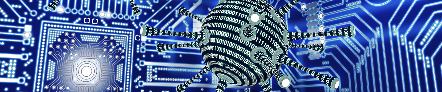 Illustration of black and white computer virus spheres with probes and a blue circuit board background.