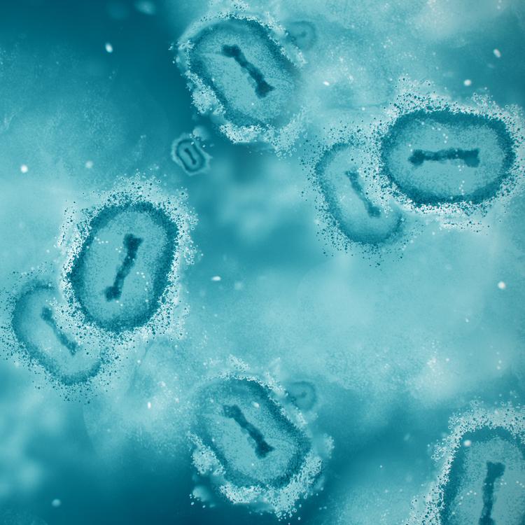 Medical illustration of monbkeypox virus in light blue.
