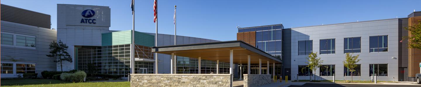 Panoramic of ATCC building entrance in the daylight.