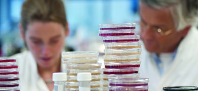 Scientists in lab coats seen over top of stacks of agar plates and small vials.