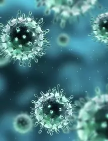 Round, iridescent, green-blue H1N1 (swine flu) virus with protrusions.