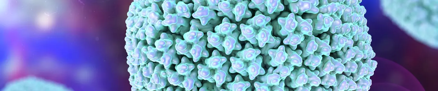 3D-rendered image of Adenovirus type 5 showing a spherical structure with a detailed, spiked surface pattern against a colorful background.