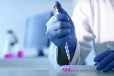 Scientist using pipette to fill well-plate