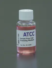 Capped and labeled bottle containing pink media, ATCC product: serum free cell freezing medium.