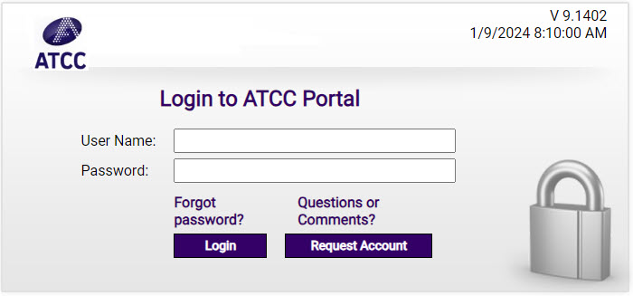 ATCC Portal login dialog box with user name and password fields