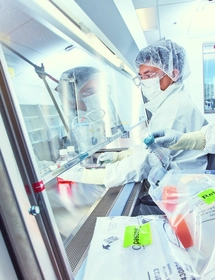 Two scientists wearing protective gear work under a fume hood in a laboratory, handling various lab equipment and materials.