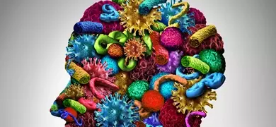 Microbes and bacteria in bright colors combined to form the shape of a human head. Illustration.