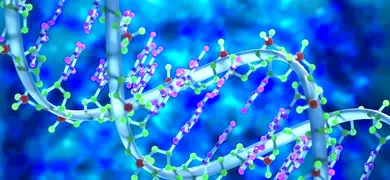 A 3D molecular illustration of a DNA double helix with colorful atoms representing nucleotide components, set against a blue abstract background.