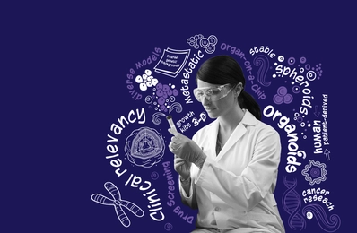 Laboratory scientist holding a culture vessel against a dark purple background, surrounded by illustrations and terms related to organoids, spheroids, organ‑on‑a‑chip models, cancer research, growth kinetics, and clinical relevance.