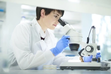 Female scientist in a research lab looking into microscope