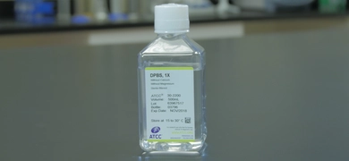 A clear plastic bottle labeled "D-PBS, 1X" filled with transparent liquid sits on a laboratory bench, with blurred lab equipment visible in the background.