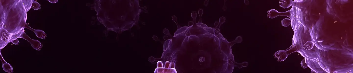 Iridescent purple sphere of the influenza virus with protruding knobby spikes