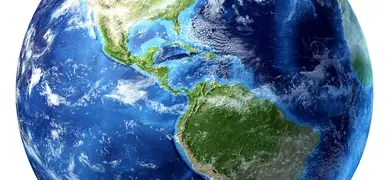 High-resolution image of planet Earth viewed from space, showing North and South America, blue oceans, white cloud formations, and green landmasses.