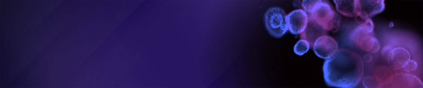 A banner image shows multiple rounded organoid structures with glowing blue outer edges and soft red interiors clustered on the right, set against a deep purple gradient background on the left with subtle diagonal shading.